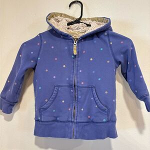 Mini Boden sherpa-lined zip-up hoodie in blue/purple multicolored polka dots
